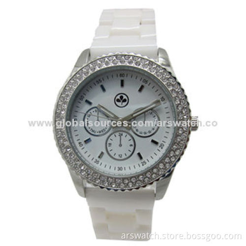 Crystal Stones Fashion Watch for Ladies in Eco-friendly Silicone Strap, 1ATM Water-resistant